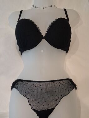 La Perla Black Polka-Dot Lace Push-Up Bra & Sheer Bikini Set